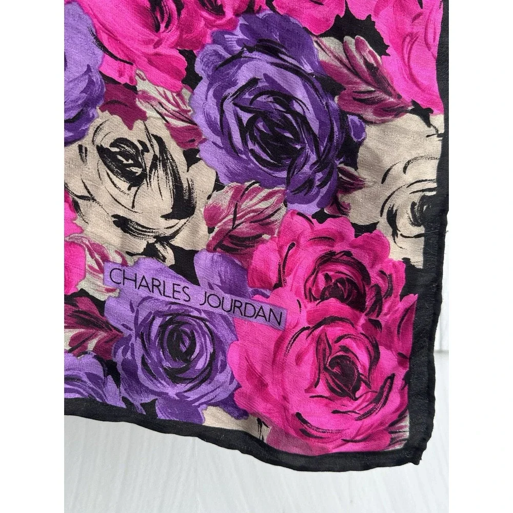 Vintage 1980s Charles Jourdan Silk Scarf 33x33 Floral Pink Purple Black‎